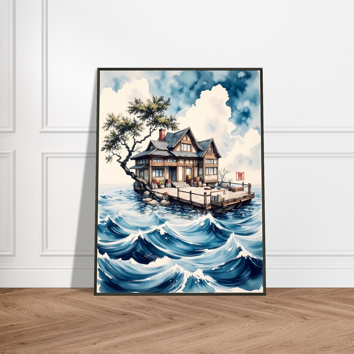 Japanese House Floating Island Great Wave Style Watercolor Poster