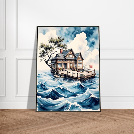 Japanese House Floating Island Great Wave Style Watercolor Poster