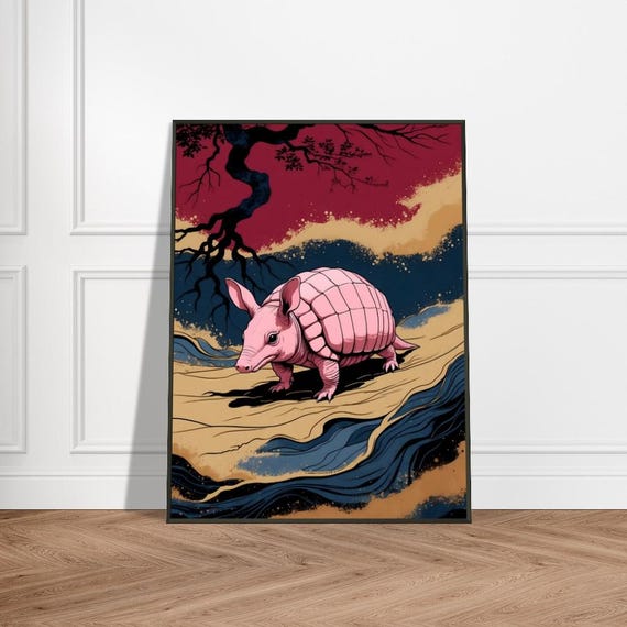 Pink Armadillo In Mystical Desert Landscape Japaneseinspired Wildlife Art Vibrant Nature Illustration Unique Animal Wall Decor