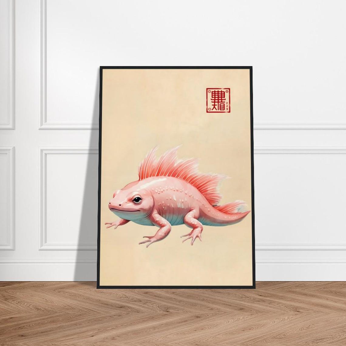 Pink Axolotl Salamander With Feathery Gills Playful Ink Art Poster