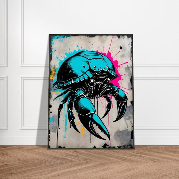 Bold Crab Art Print Japaneseinspired Ink Splash Design With Vibrant Blue Pink And Yellow Accents Striking Oceanthemed Wall Decor
