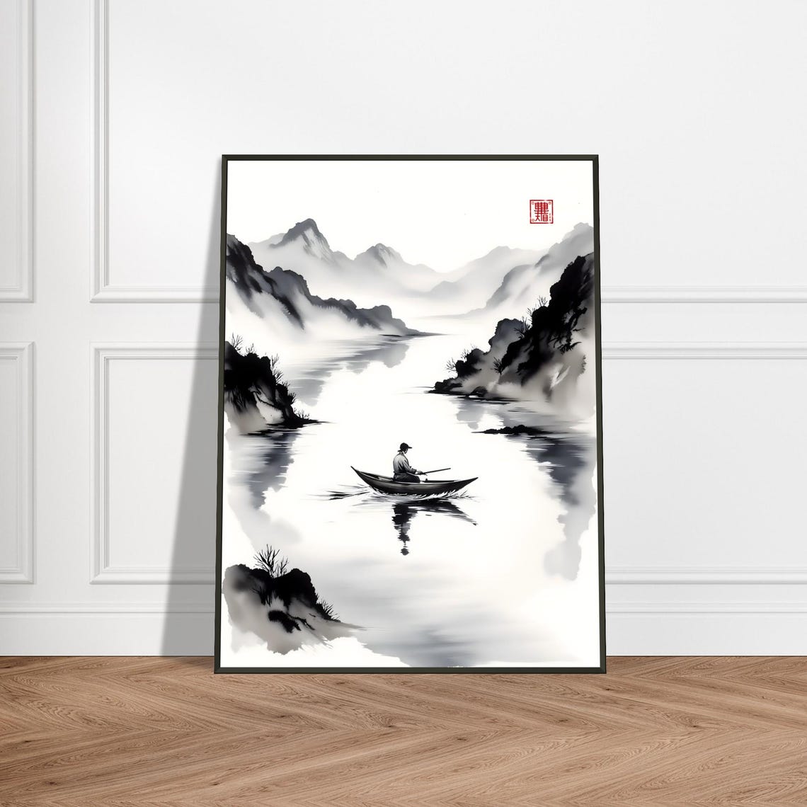 Quiet Lone Boatman Rowing Through Misty Mountains Sumi E Poster