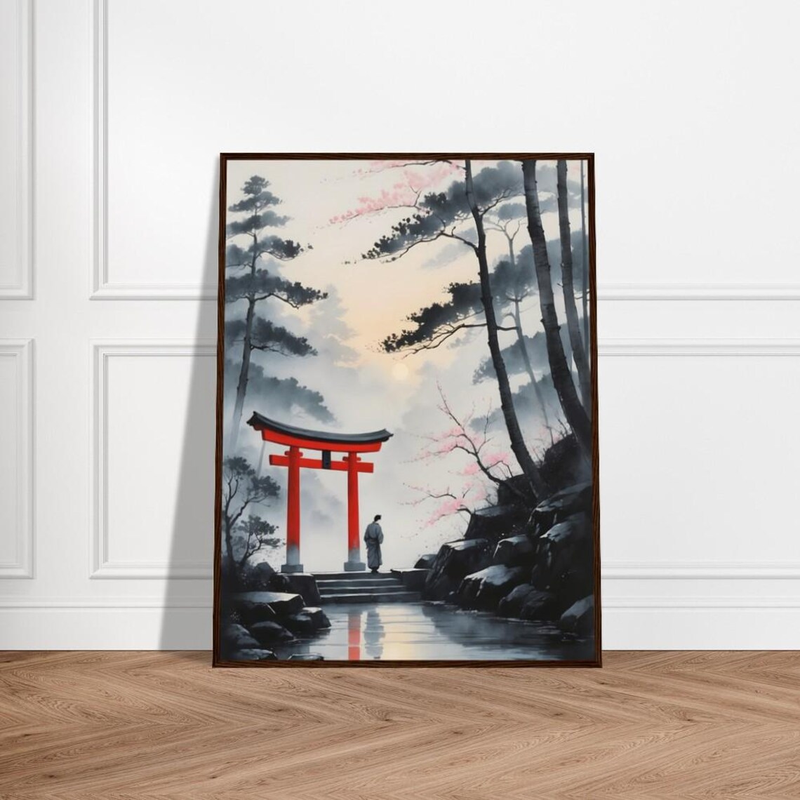 Red Torii Gate in Misty Pine Forest Lone Traveler Ink Poster