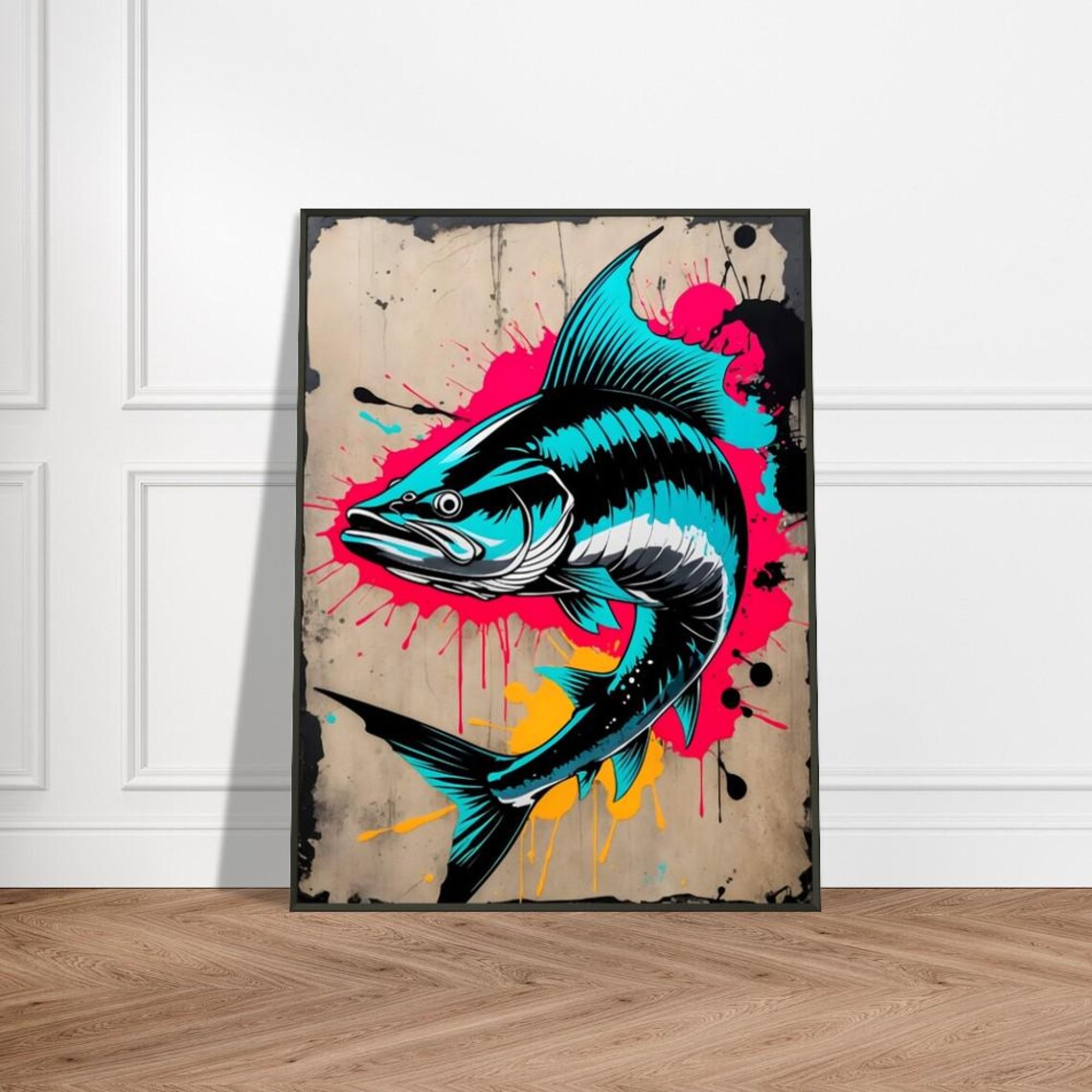 Leaping Turquoise Game Fish Graffiti Street Art Splash Poster