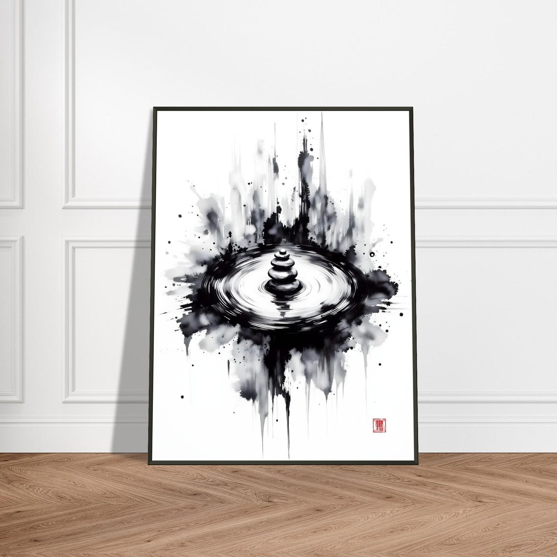 Stone Cairn at Center of Exploding Ink Ring Poster Zen Balance Art