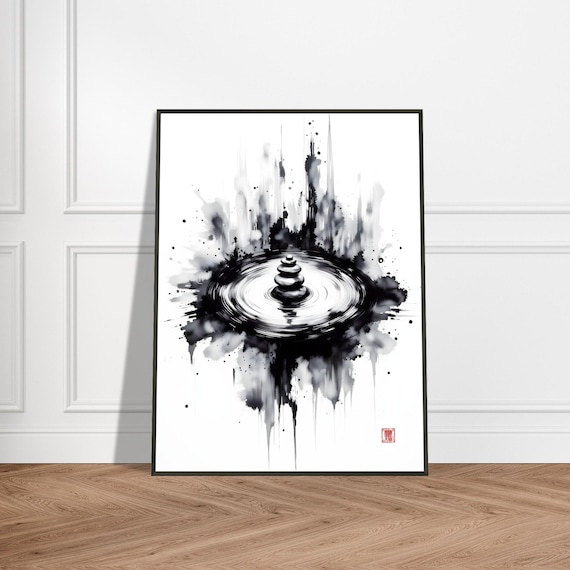 Stone Cairn at Center of Exploding Ink Ring Poster Zen Balance Art