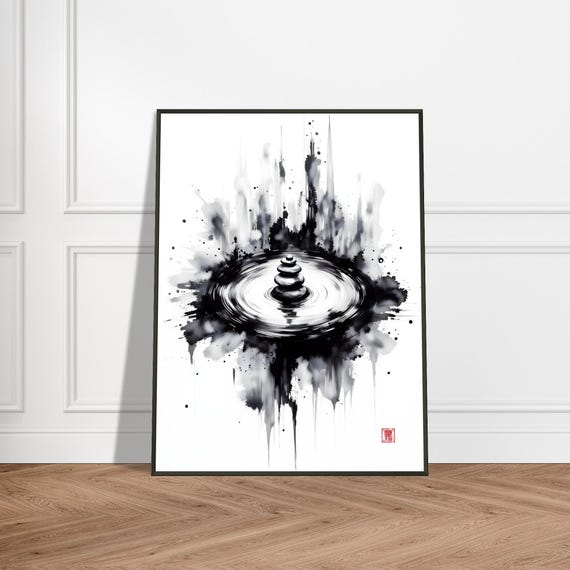 Zen Stones In Rippling Water Print Japanese Sumie Ink Art Abstract Black And White Meditation Painting Calm Splash Wall Decor