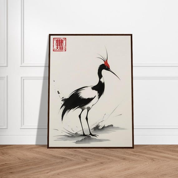 Graceful Redcrested Crane Japanese Sumie Style Ink Art With Bold Brushstrokes And Minimalist Zen Print