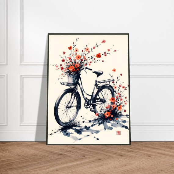 Black Ink Bicycle With Red Wildflowers Japanese Watercolor Poster
