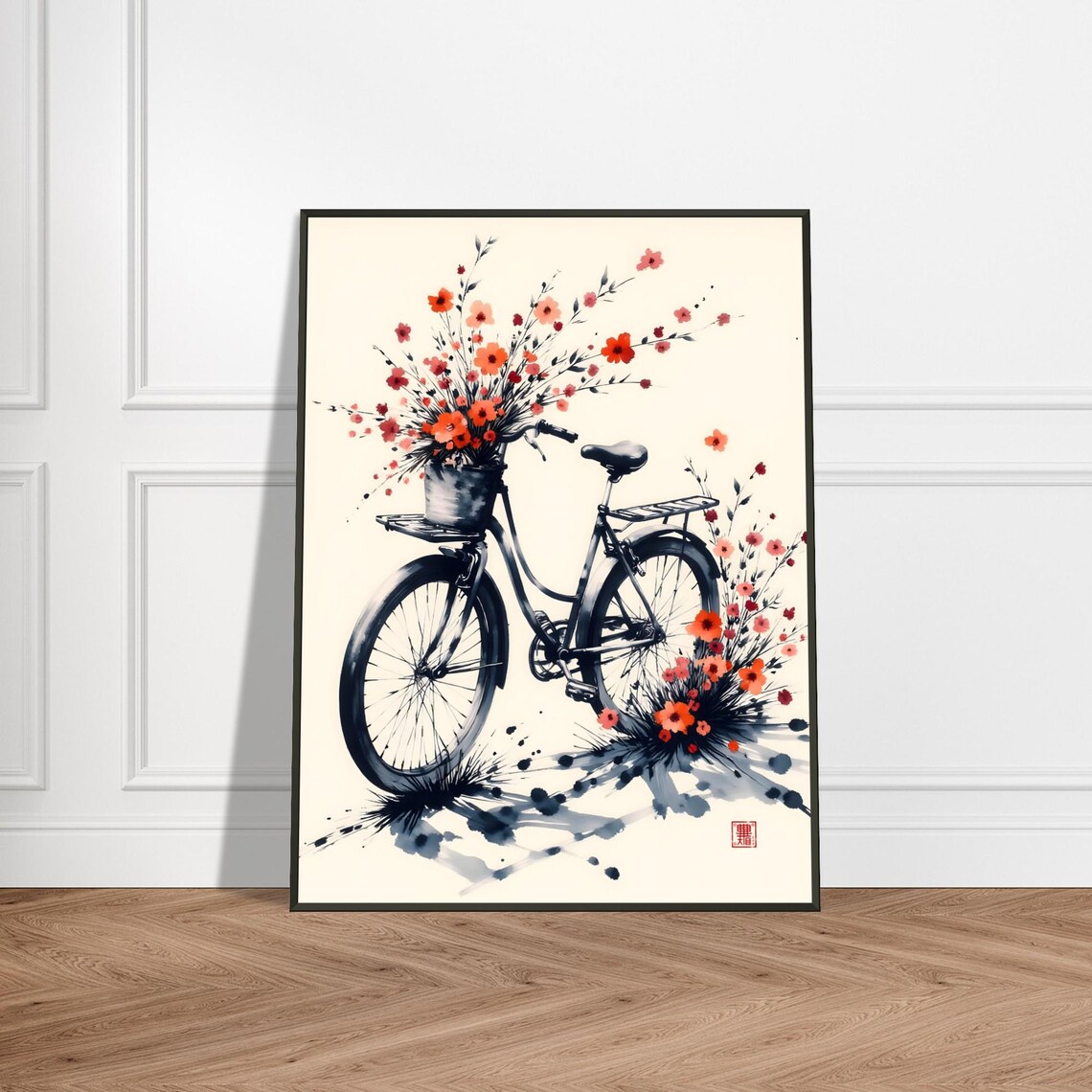 Black Ink Bicycle With Red Wildflowers Japanese Watercolor Poster