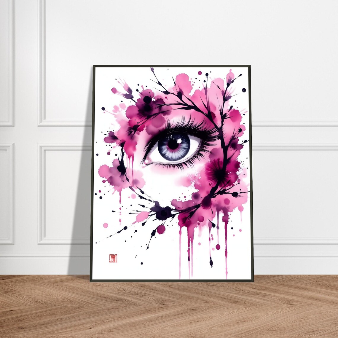Blue Eye With Pink Ink Blossoms Surreal Watercolor Portrait Art Poster