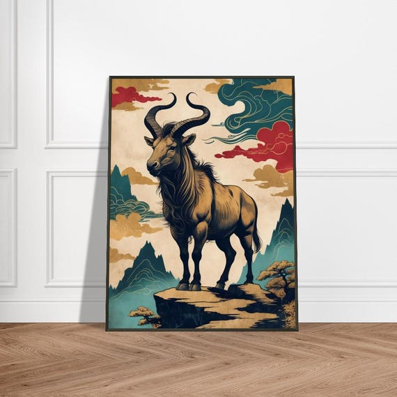 Majestic Mountain Goat On Cliffside Japaneseinspired Wildlife Art Ukiyoe Style Nature Illustration Bold Animal Wall Decor
