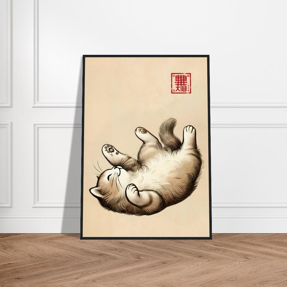 Chubby Kitten Sleeping on Back Paws Up Ink Japanese Art Poster