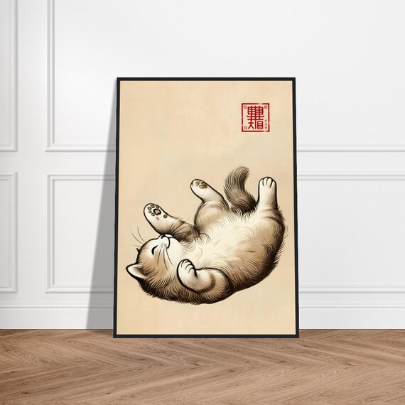 Chubby Kitten Sleeping on Back Paws Up Ink Japanese Art Poster