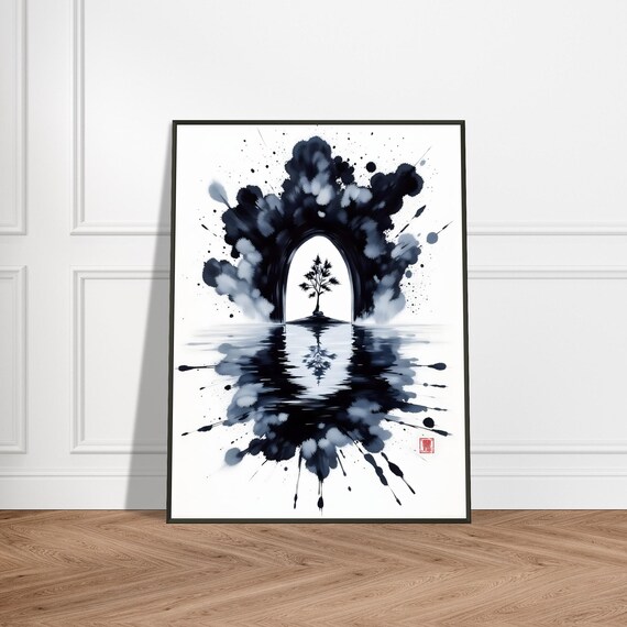 Lone Tree Reflected in Ink Arch Monochrome Japanese Zen Art Poster
