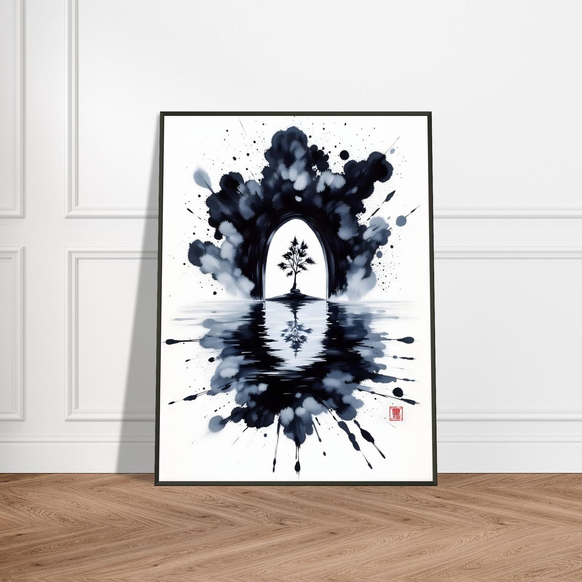 Lone Tree Reflected in Ink Arch Monochrome Japanese Zen Art Poster