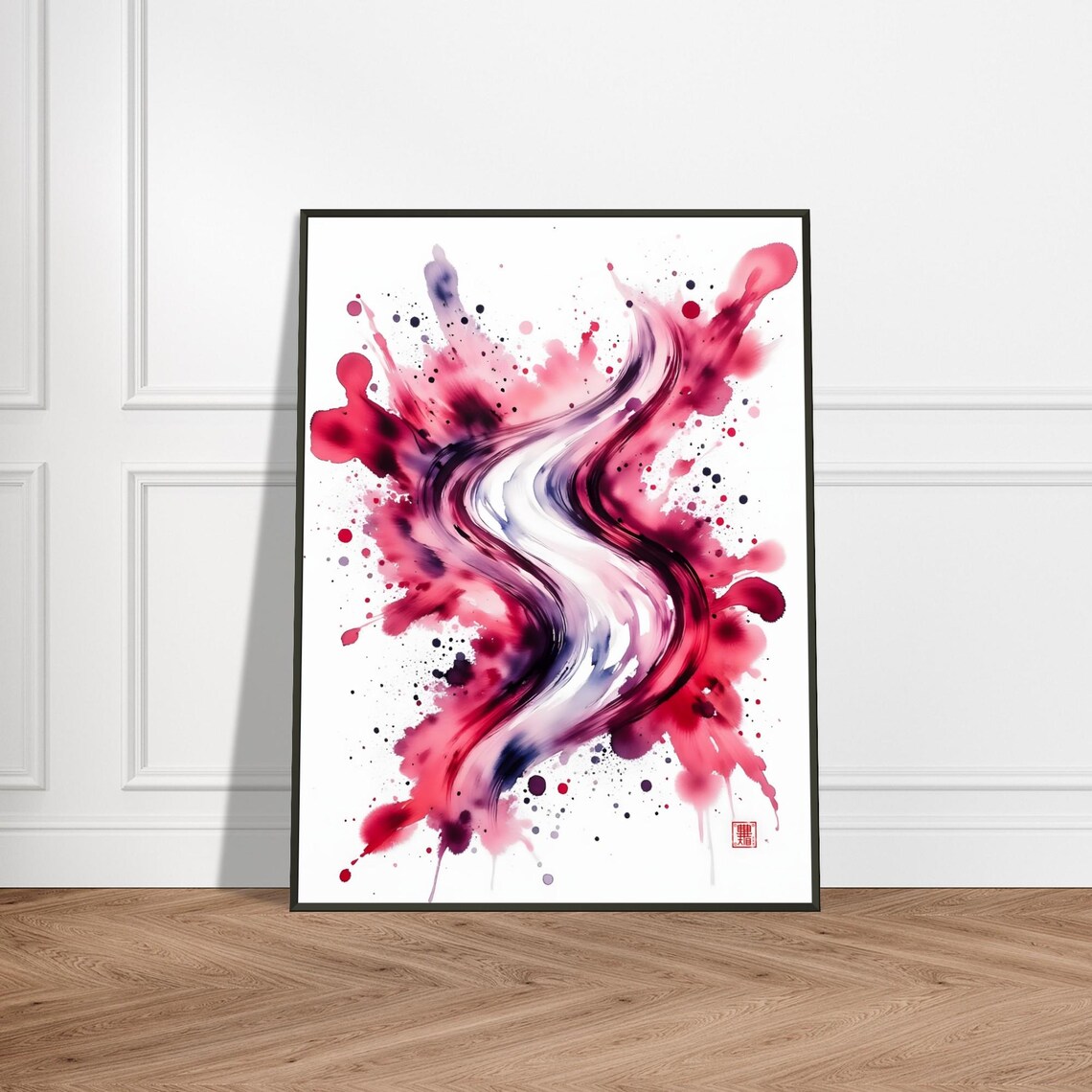 Abstract Flowing Ribbon Pink Red Ink Splash Modern Art Poster