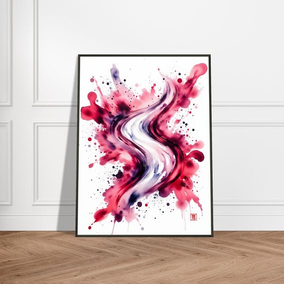 Metal Framed Japanese Abstract River Print Watercolor Red Pink Ink Art Modern Zen Wall Decor Unique Gift