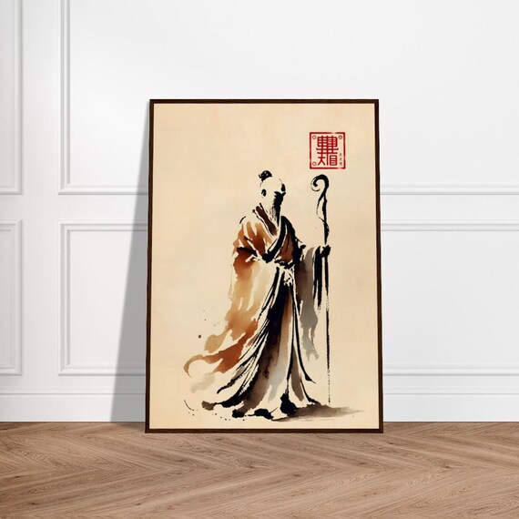Japanese Monk Walking with Staff Minimalist Ink Zen Poster Art