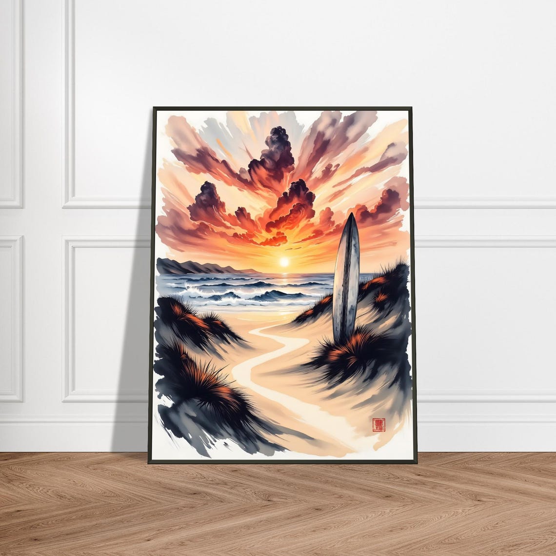 Surfboard On Sand Dunes Sunset Ocean Dramatic Clouds Art Poster