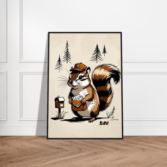 Mail Carrier Chipmunk Illustration Adorable Delivering Letters With Forest Background Whimsical Nature Art For Decor Or Gifts