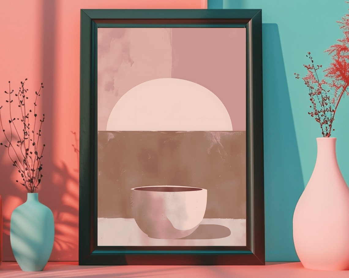 Minimalist Ceramic Bowl Under Rising Sun Abstract Mauve Wall Art