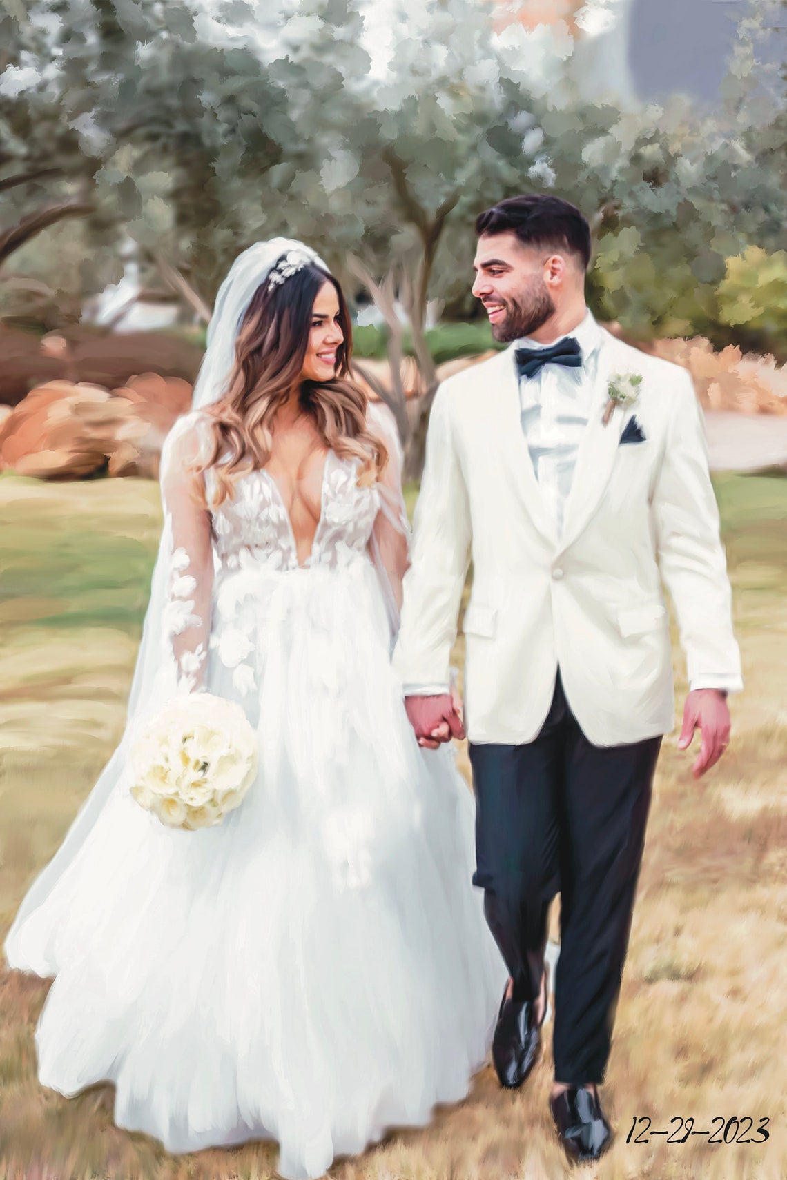 Newlywed Pair Walking Hand in Hand Through Palm Trees Poster - Image 4