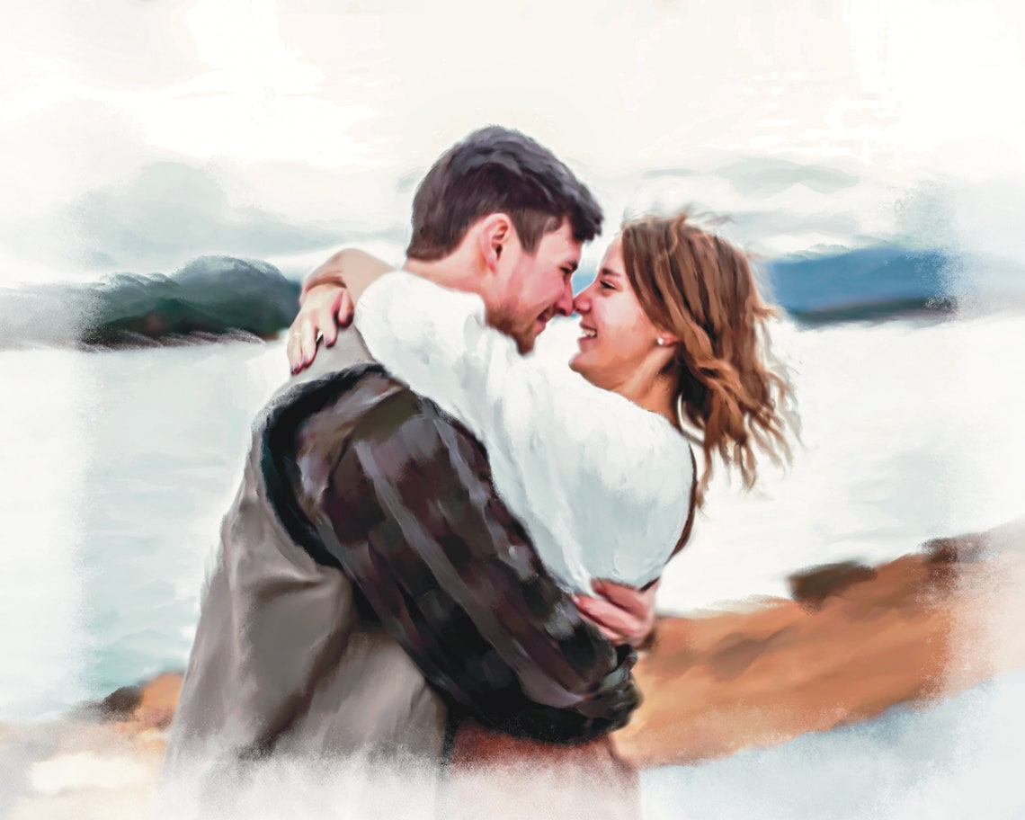 Laughing Couple Embracing by the Water at Golden Hour Poster