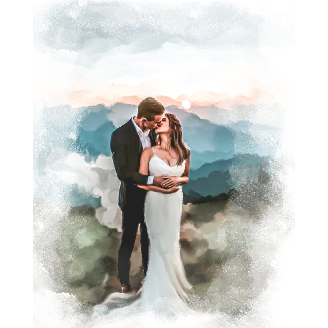 Kissing Wedding Couple Overlooking Blue Mountains at Dusk Poster