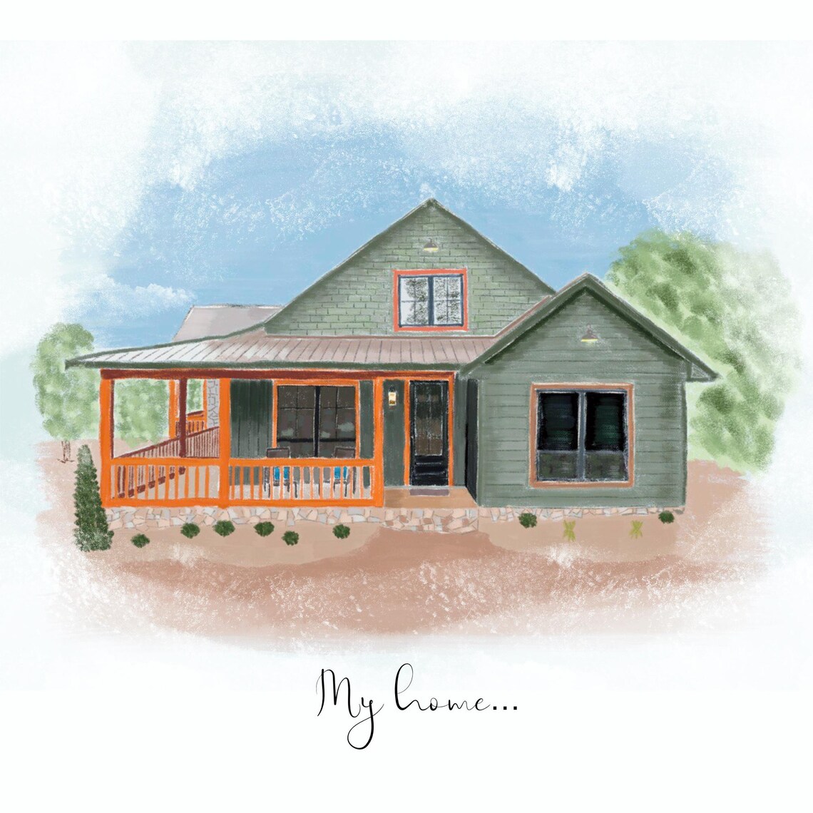 Green Farmhouse with Orange Porch Watercolor My Home Artwork Poster