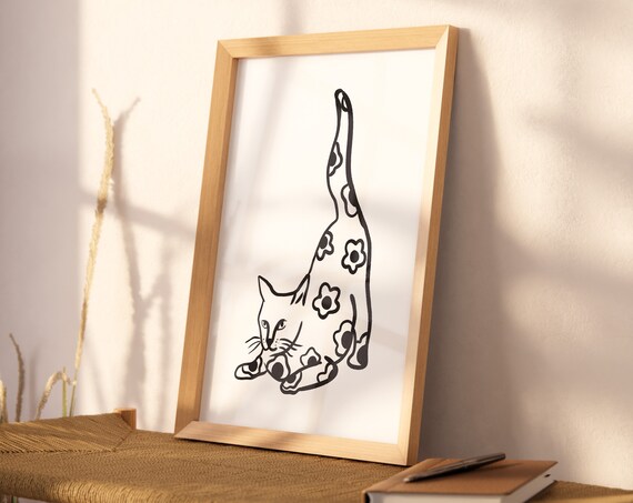 Playful Floral Cat Stretching Black White Cat Lover Wall Art