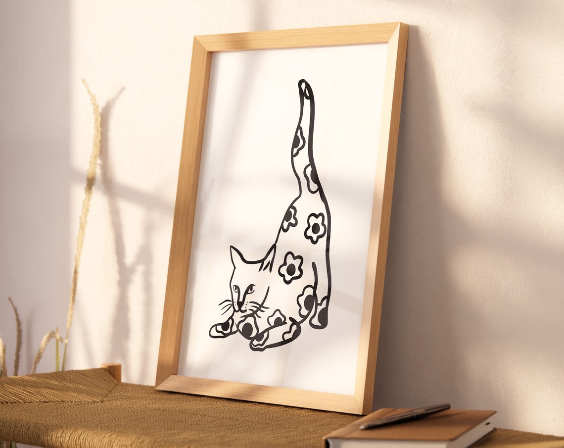 Playful Floral Cat Stretching Black White Cat Lover Wall Art
