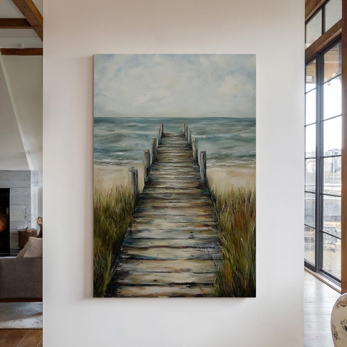 Wooden Pier Over Dunes Leading To Calm Ocean Serene Coastal Print