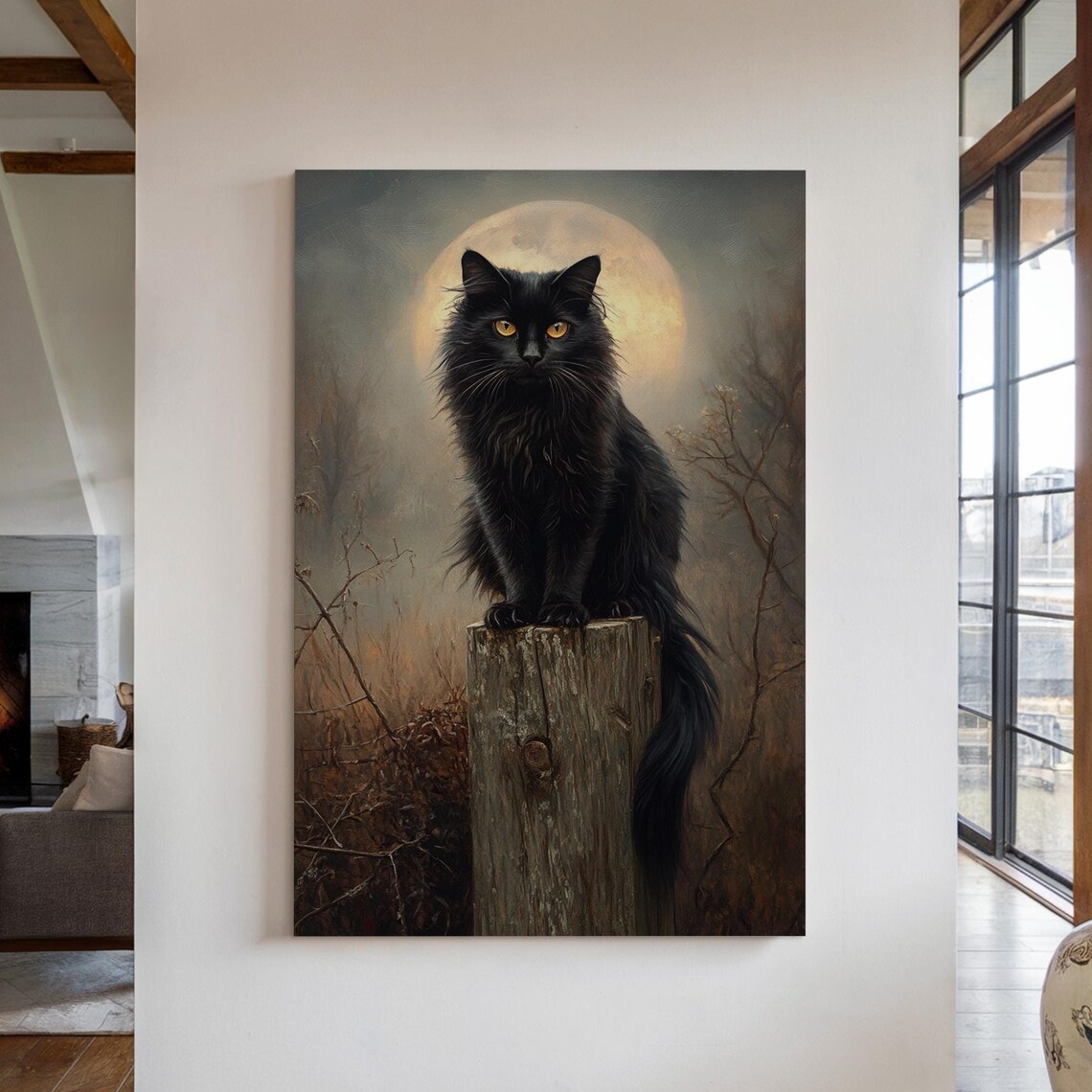 Fluffy Black Cat On Wooden Post Under Full Moon Night Art Print