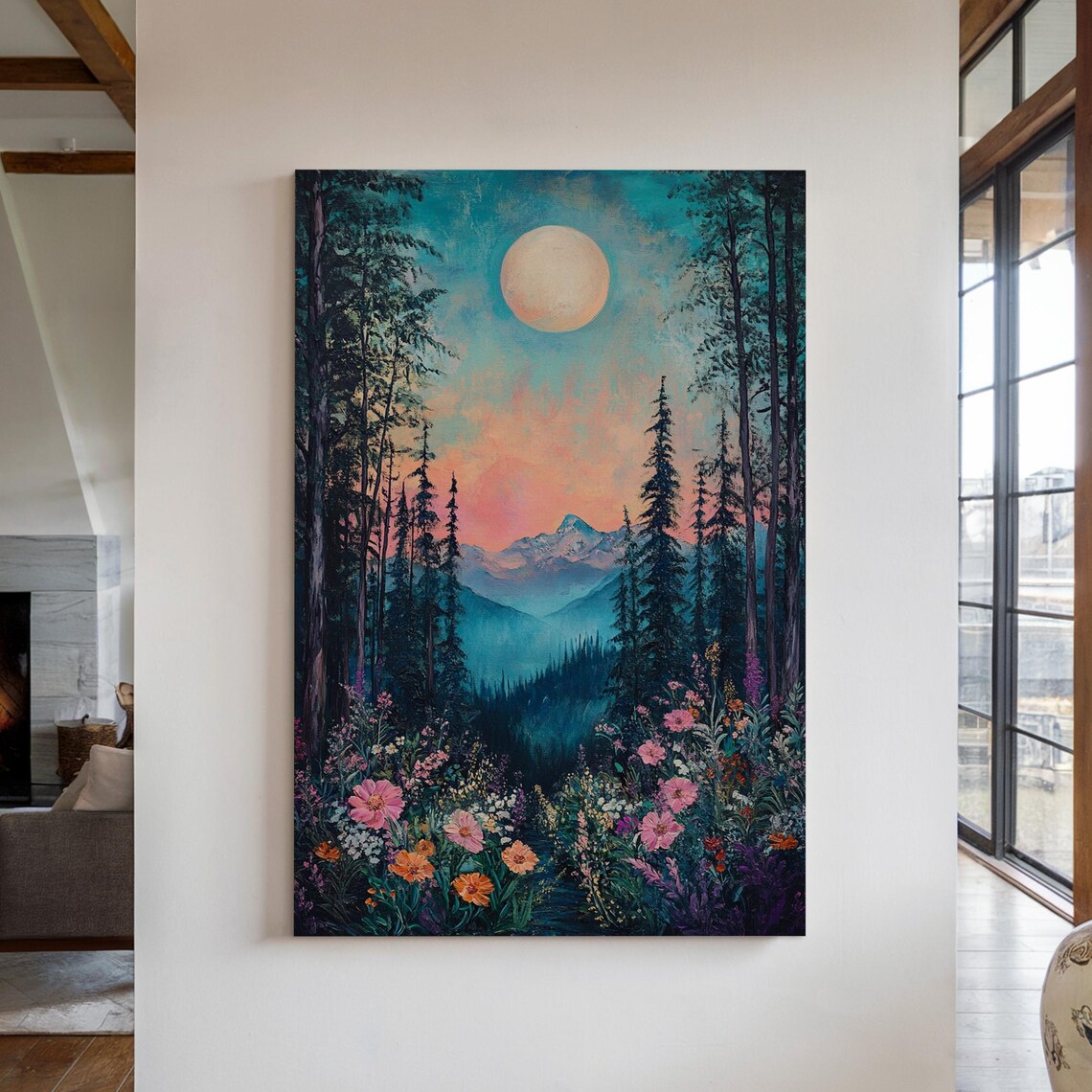 Enchanted Moonlit Mountain Art Print, Floral Forest Scene