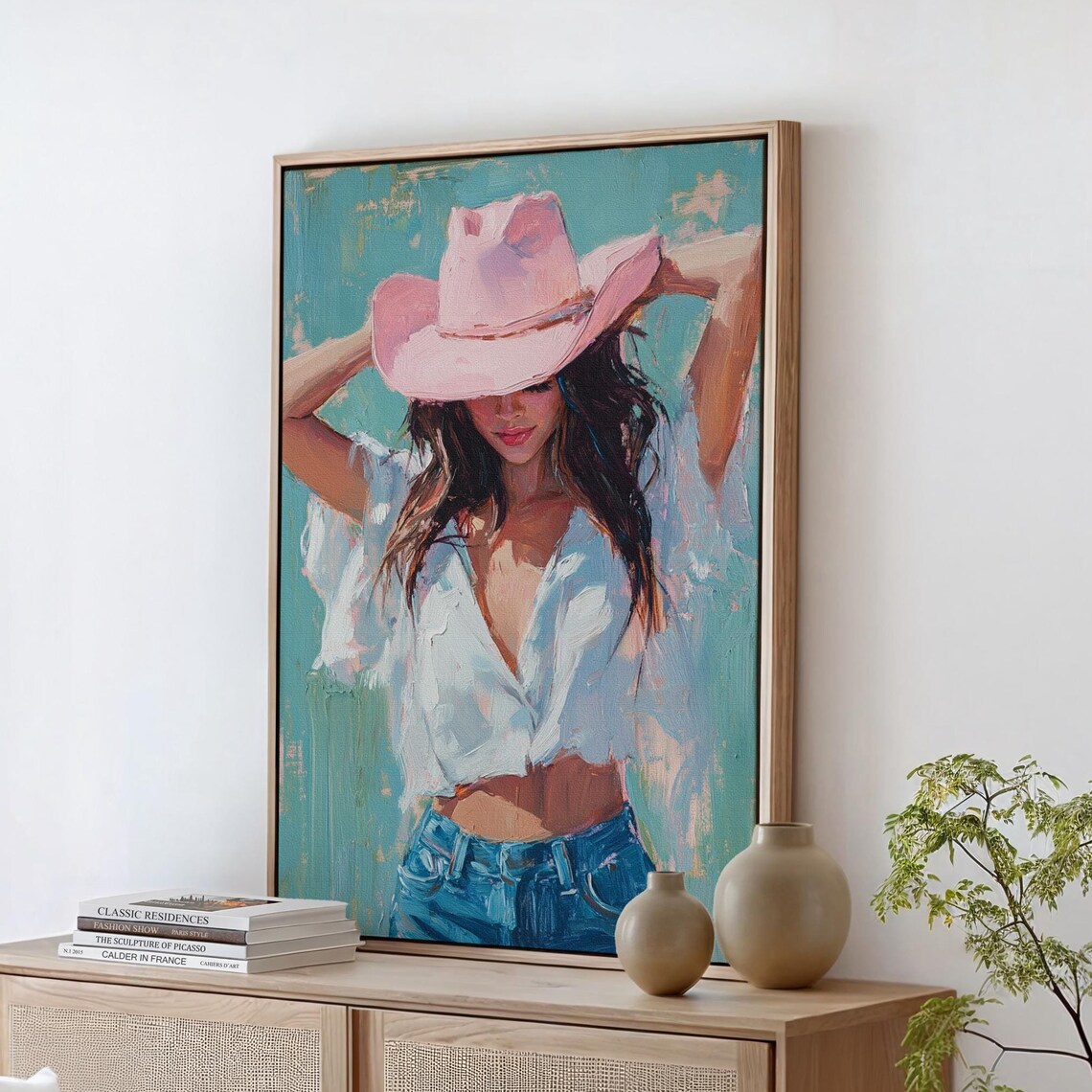 Cowgirl Pink Hat White Blouse Denim Western Oil Painting Wall Art