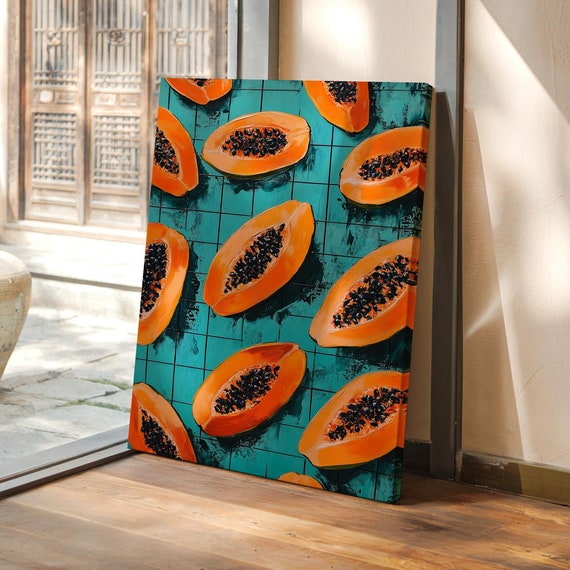 Vibrant Papaya Halves Against A Textured Teal Background In Bold Tropical Art Style