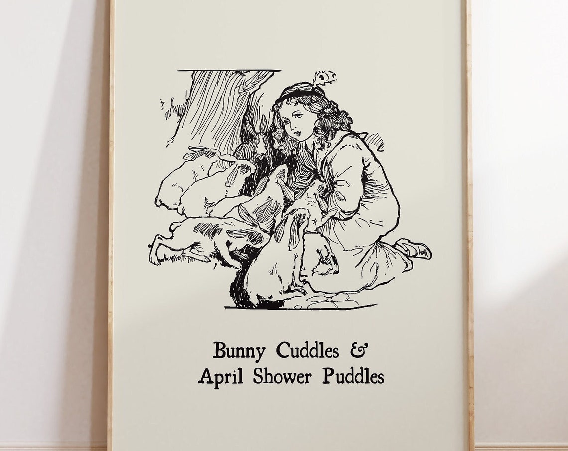 Bunny Cuddles April Shower Puddles Vintage Easter Bunny Wall Art