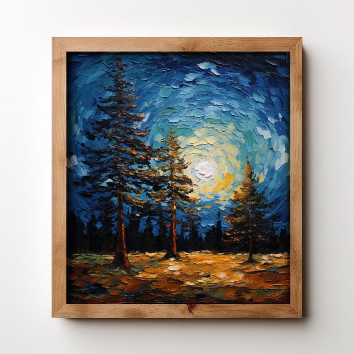 Forest Night Print Square Night Sky Oil Painting Full Moon Pine Tree Wall Art Moonlit Sky Rustic Cabin Decor Mountain Home Artwork - Image 3