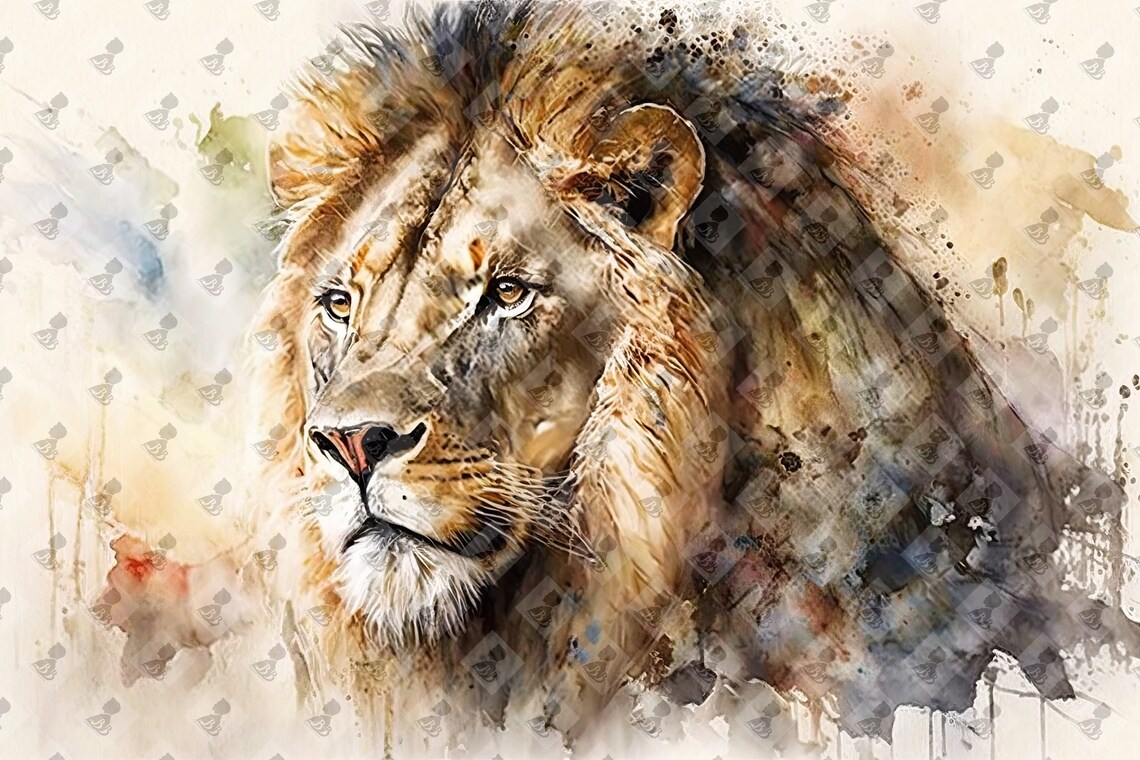 Male Lion Front Portrait Watercolor Mane Majestic Big Cat Poster