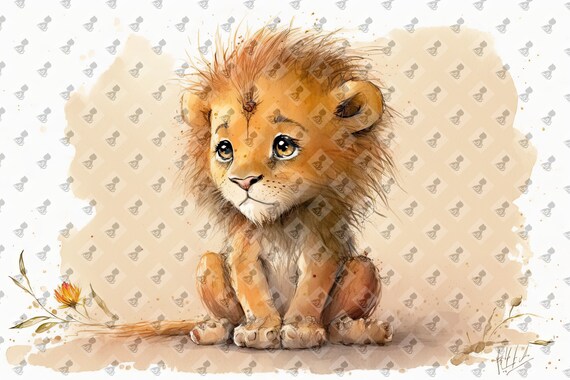Cute Baby Lion Cub Watercolor Nursery Animal Wall Art Poster
