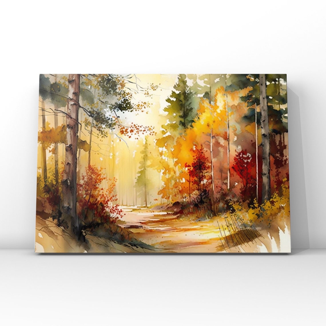 Golden Autumn Forest Watercolor Sunlit Path Trees Fall Wall Art
