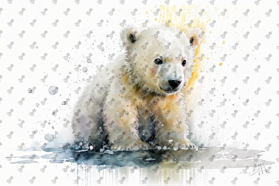 Sweet Baby Polar Bear Cub Fluffy White Watercolor Nursery Poster