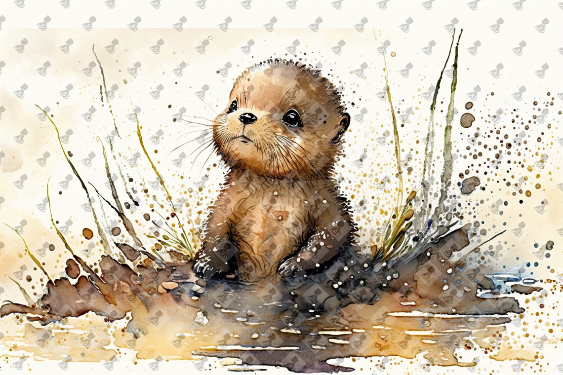 Baby Sea Otter Pup Floating Among Reeds Watercolor Nursery Poster