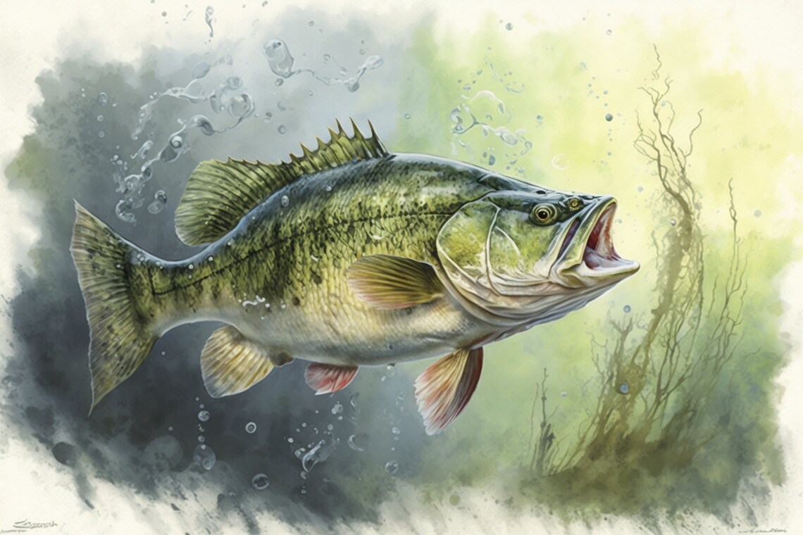 Largemouth Bass Fish Watercolor Underwater Scene Fishing Poster