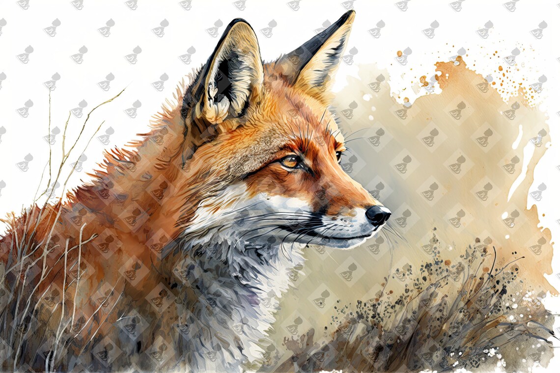 Red Fox Portrait Amber Eyes Watercolor Meadow Wildlife Animal Wall Art Poster