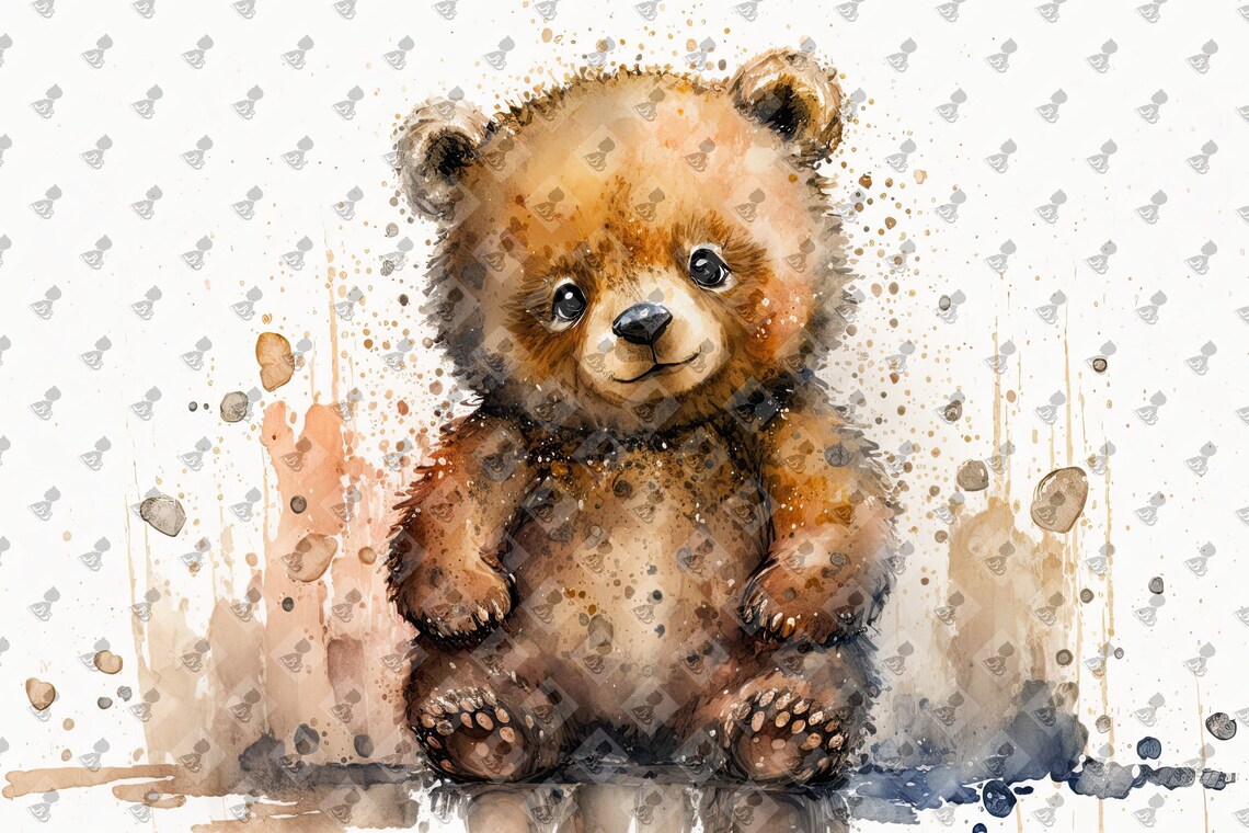 Cute Baby Bear Watercolor Sitting Cub Splashes Nursery Wall Art