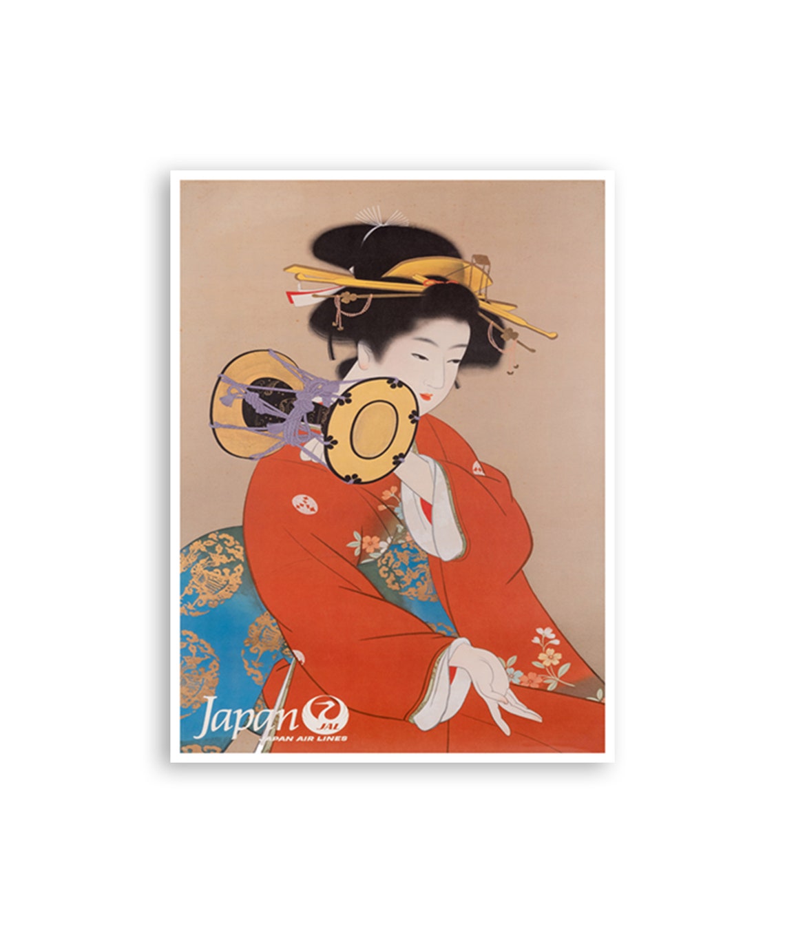 Japan Air Lines Elegant Kimono Woman Drum Vintage Travel Poster