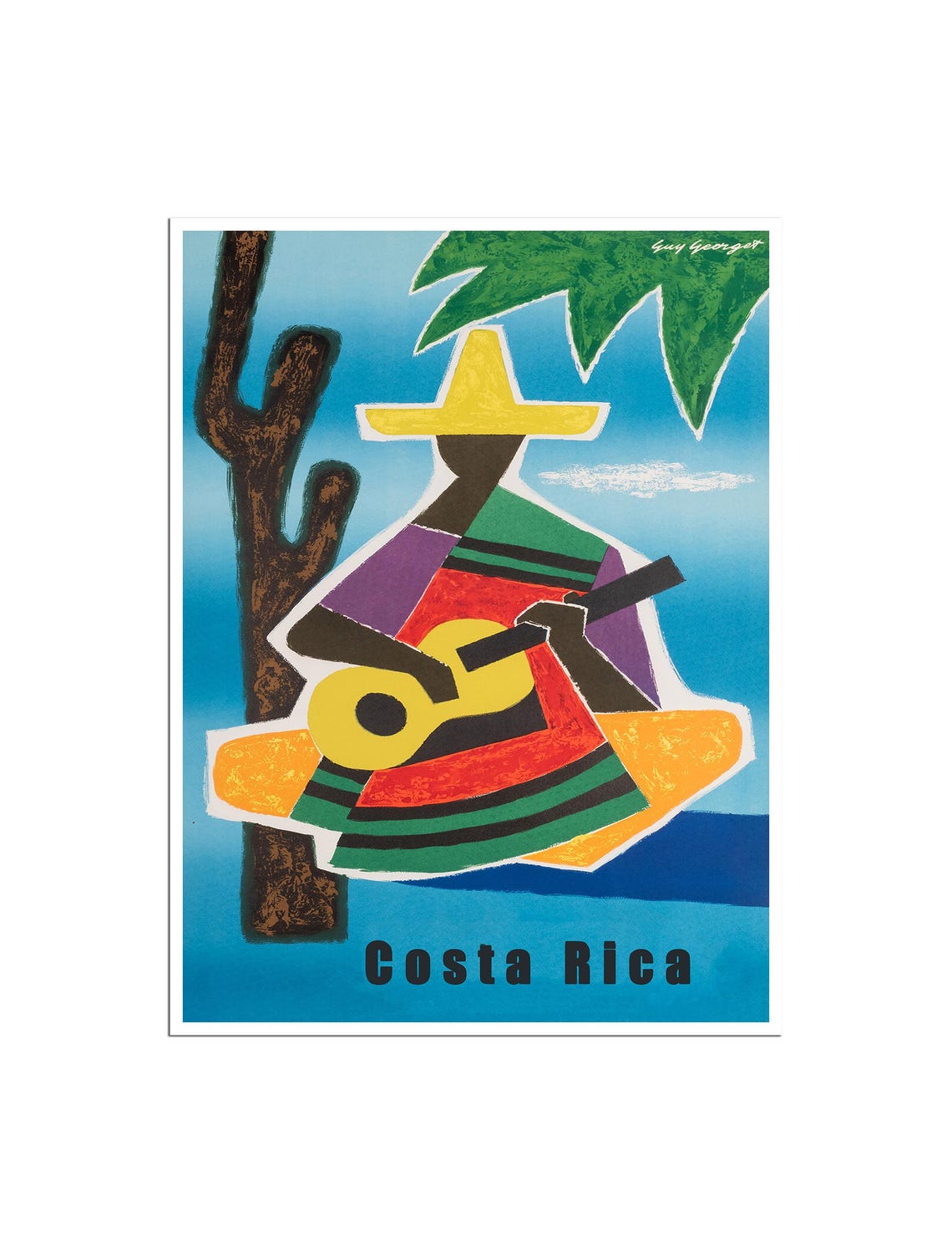 Costa Rica Guitar Player Tropical Beach Stylized Vintage Poster