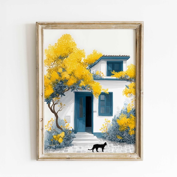 Mediterranean Blue Door Yellow Blossoms Cat Watercolor Print